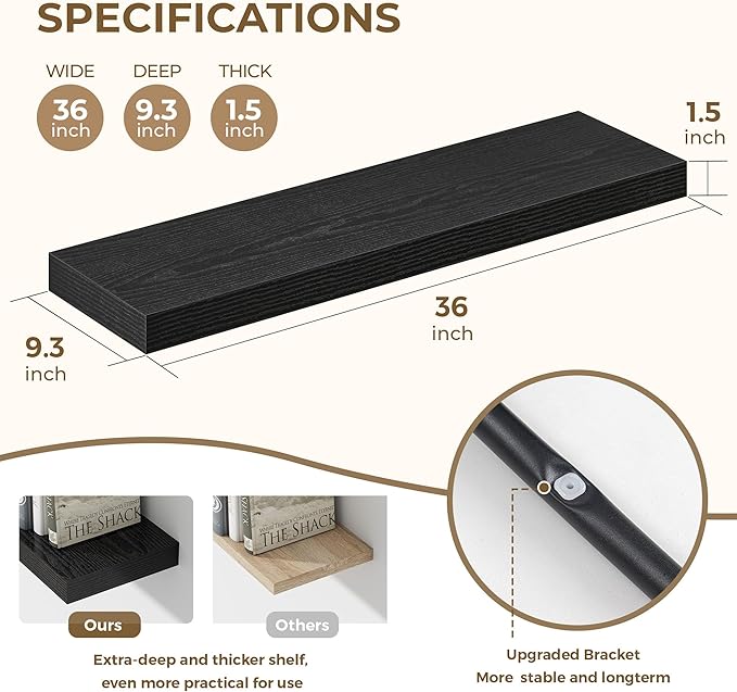 Dreamland 36 Inches Floating Shelves for Wall, 9.3" Deep Long Floating Shelves Set of 2, Large Display & Storage Shelf, Wall Shelf for Bathroom Bedroom Living Room Kitchen Office, Black