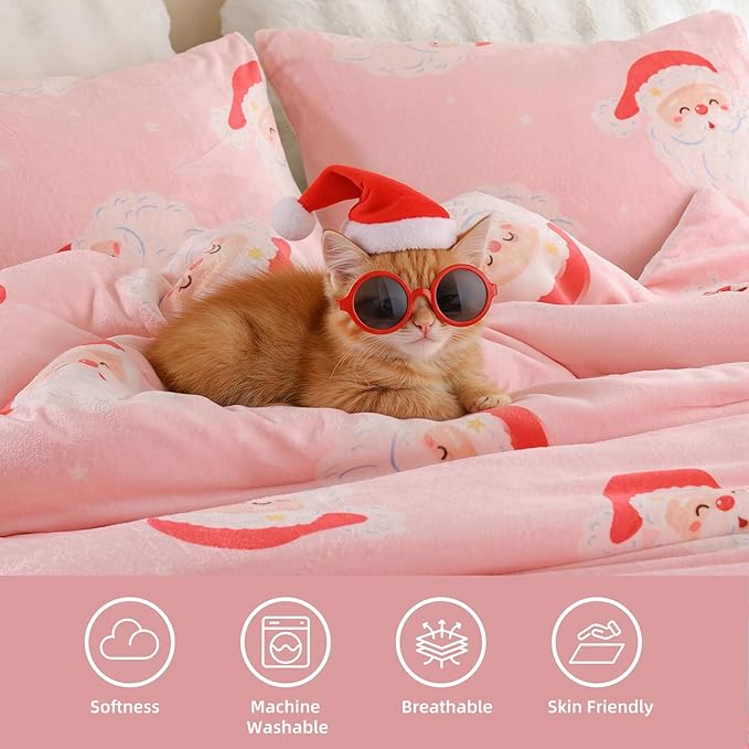 JANZAA Christmas Queen Comforter Set, Pink Flannel Comforter with Santa Pattern, Soft Cozy Lightweight Bedding Set Fluffy Comforter Set 1 Queen Comforter(90"*90") and 2 Pillowcases (20"*26")