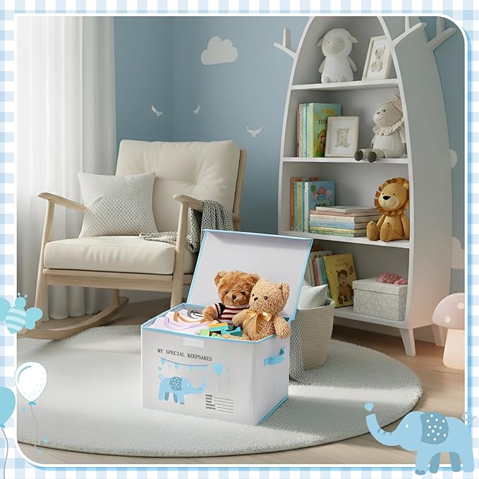 LemonRoad 16x12x12inch Baby Memories Keepsake Box Baby Shower Blue White Elephant First Keepsake Box New Parent Newborn Baptismal Birthday Gift for Mementos Travel Loved Ones Treasured Keepsakes