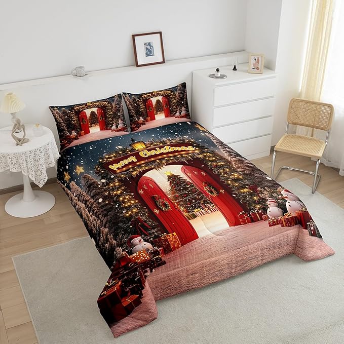 Feelyou Merry Christmas Bedding Set for Kids Boys Girls King Size Christmas Tree and Snowman Comforter Set Ultra Soft Comforter Snowflake Duvet Quilt Bedroom Decor Decorations Quilt