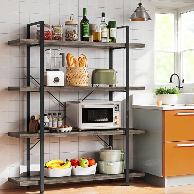 Bookcase, 47 Inch Wide Wood Bookshelf, 120lbs Shelf Capacity Estante, Rustic Open Shelving Industrial Display with Reinforced Horizontal Shelves for Living Room Bedroom Office (4 Tier - Grey)