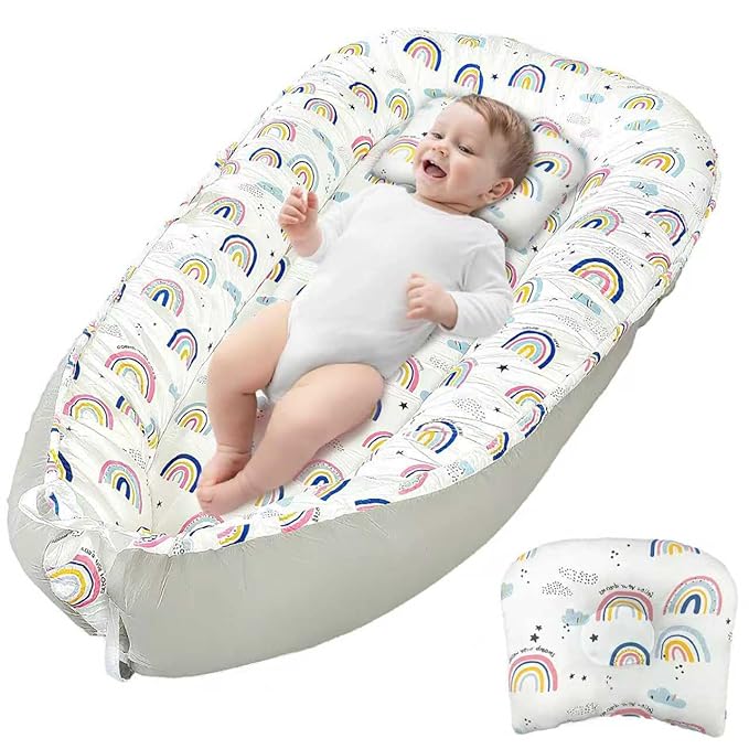 JIFTOK Baby Nests Lounger for Newborn, Snuggle Bassinet for 0-24M, Breathable Portable Co Bed, Baby Essentials Adjustable Infant Soft Cotton Loungers for Home & Travel -Rainbow