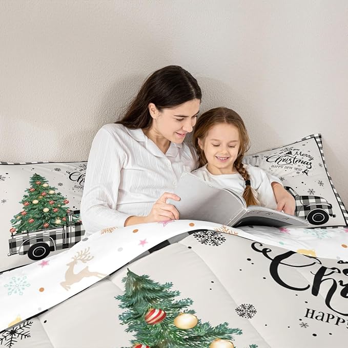 Christmas Truck Kids Comforter Set Full Size,Snowflake Pines Trees Rustic Bedding,Girls Boys Adults Bedroom/Xmas Cabin Decor,Geometric Grids Lattice Down Comforter,Retro Duvet Insert,2 Pillowcases