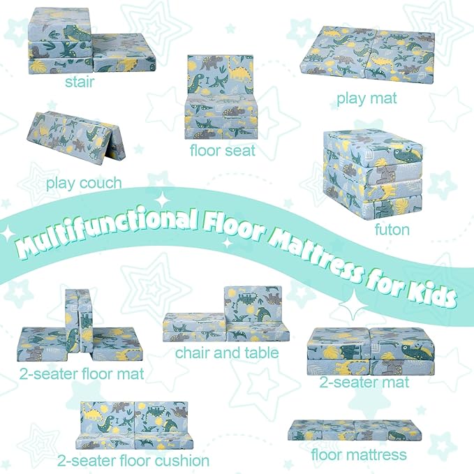 MeMoreCool Foldable Floor Mattress for Kids, Glow Toddler Nap Mat for Sleeping and Daycare, Portable Trifold Futon Mattress Floor Bed, Dinosaur