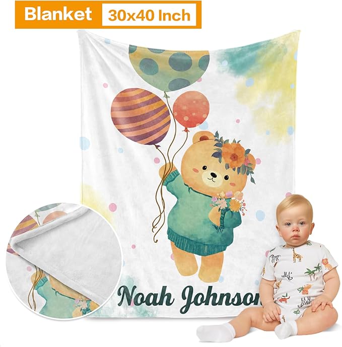 Custom Crib Bedding Set - Bear Design Personalized Name Baby Nursery Bedding 3 Pcs Set - Chic Soft Blanket, Sheet, Pillowcase for Newborns Boys Girls Gifts Color01