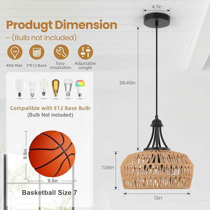 Rattan Pendant Light, 13'' Rattan Chandeliers for Dining Room, Farmhouse Chandelier Light Fixture,Hand Woven Lampshade, Rustic Chandeliers Hanging Light Fixtures for Kitchen Island,Bedroom,Hallway