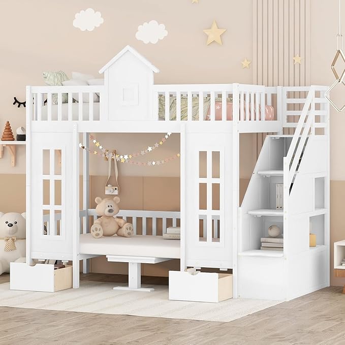 MERITLINE Twin Over Twin Castle House Loft Bed with Stairs and Storage Drawers,Solid Wood Princess Convertible Bunk Bed with Desk and Seat (White (Convertible))