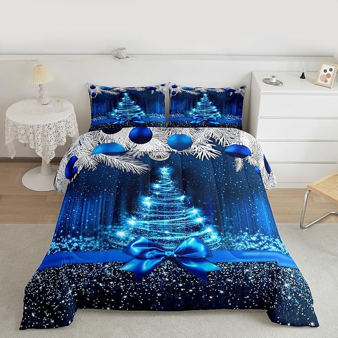 Merry Christmas Kids Comforter Set Queen Size,Snowflake Christmas Tree Bowknot Bedding Set,Girls Boys Adults Xmas Decor,Blue Gradient Line Glitter Down Comforter,Romantic Duvet Insert,2 Pillowcases