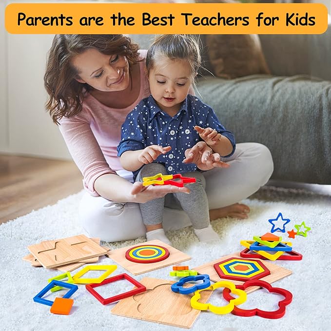 Toddler Puzzles Montessori Toy Wooden Shape Sorting Puzzle Sensory Toy Toddler Activities Preschool Learning Educational Autistic Developmental 1 2 3 Year Old Girl Boy 1-3 Dementia Game Easter Gift