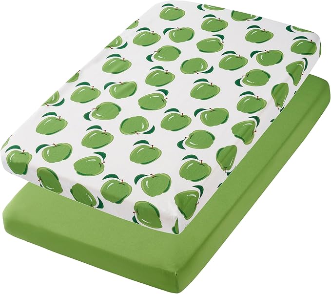 TILLYOU Mini Crib Sheets Fitted 2 Pack, Pack and Play Sheets for Toddler Mattress, Soft and Breathable 38”x 24” Pack n Play Mattresses Cover, Green Apple & Fruit Green