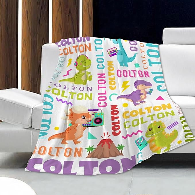 Dinosaur Lover Personalized Blanket with Custom Baby Dinosaur Custom Name Flannel Blanket Soft Throw Meaningful Gift for Toddlers Girls Boys Kids Pets 120 * 90" XL for Family