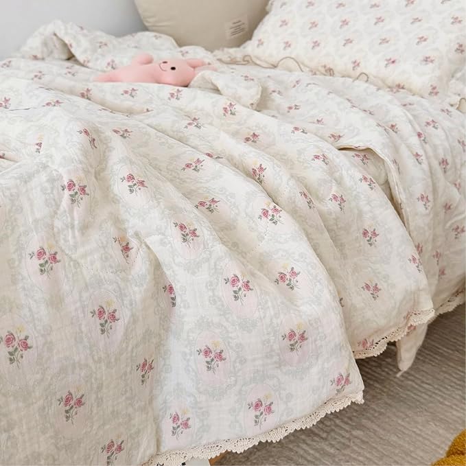 BuLuTu Vintage Princess Style Pink Floral Girls Kids Quilt, Muslin Children Bed Blanket Soft Lightweight Toddler Girls Comforter with Lace Edges, 60"x78",Begonia Print, Machine Wash