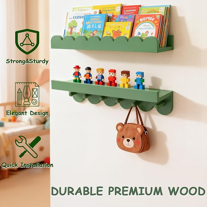 OurWarm Floating Book Shelves for Wall, 16 Inch Nursery Book Shelves Wall Shelves for Kids Room Set of 4, Wood Scalloped Bookshelf for Nursery Kids Bedroom Restroom Kitchen Living Room Decor