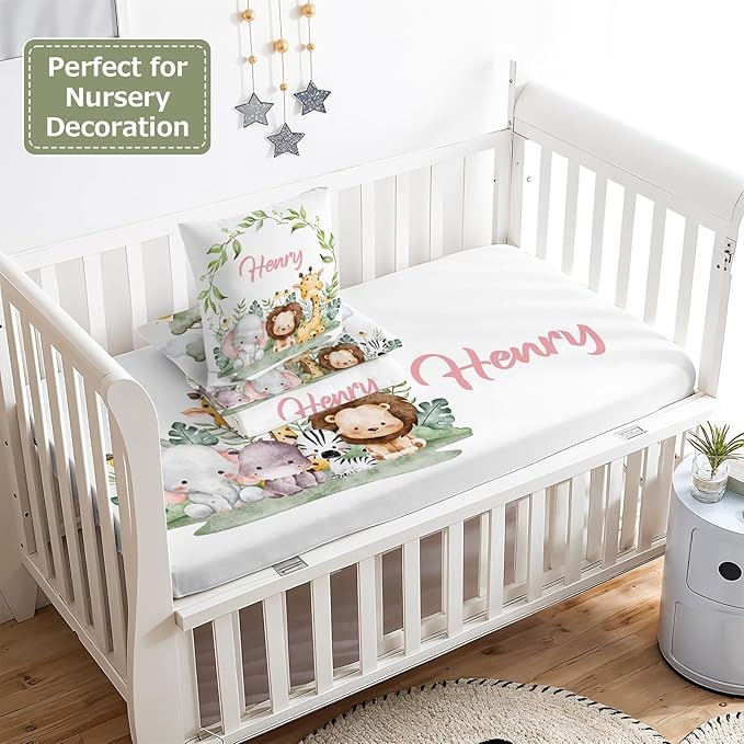 Personalized Baby Crib Bedding Set,3 Piece Custom Name Nursery Set with Blanket, Fitted Sheet & Pillowcase for Baby Girls & Boys, Safari Friends Theme(Fixed Size)