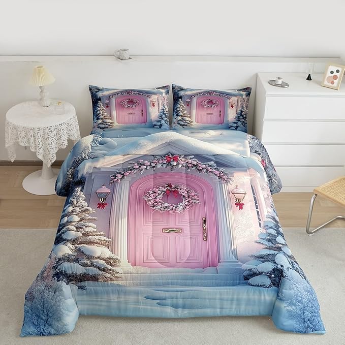 Feelyou Merry Christmas Kids Comforter Set King Size Winter Snowscape Bedding Set Pink Door Duvet Quilt for Kids Boys Girls Bedroom Garland Xmas Tree Decor Microfiber Ultra Soft Breathable