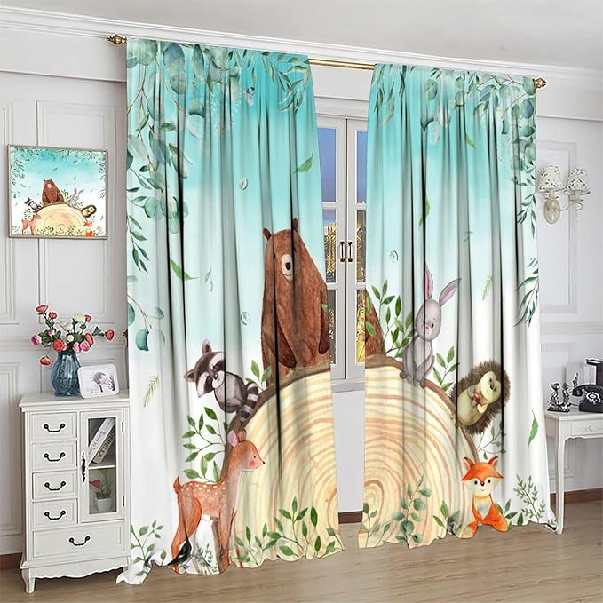 Kids Forest Animal Curtains, Woodland Animal Window Treatments Fox Deer Bunny Wildlife Safari Jungle Bear Farmhouse Window Drapes for Girls Boys Nursery Bedroom 63x63in