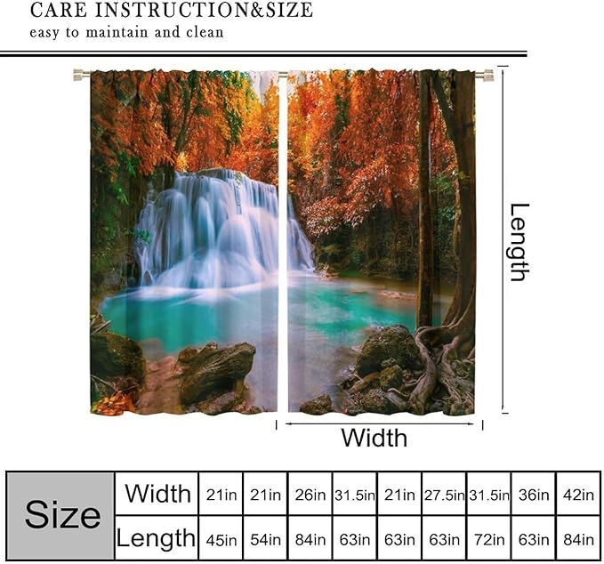 Autumn Forest Waterfall Blackout Curtains, Fall Leaves Trees Jungle Country Nature Landscape Window Drapes, for Bedroom Living Room 63" W X 72" L