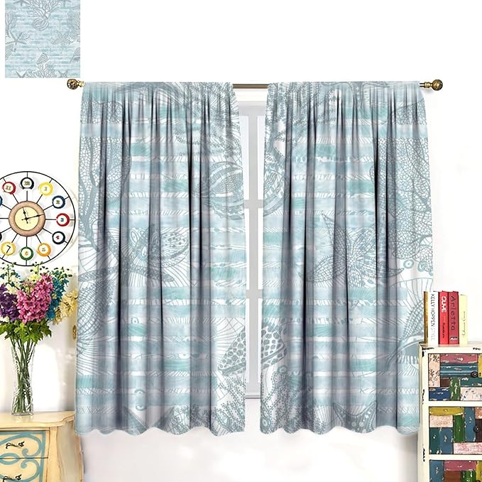 Starfish Curtains，Starfish and Seashells Coastal Curtain Ocean Themed Underwater Marine Decor Waterproof Fabric Curtain Set 2 Panels,63x72 Inches