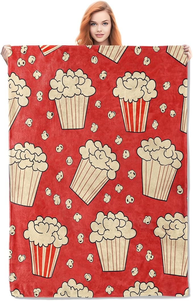 Movie Popcorn Blanket Gifts for Women Girls Adults Kids Soft Warm Lightweight Cozy Cinema Popcorn Theme Throw Blankets for Bed Sofa Couch Living Room Decor 80x60in