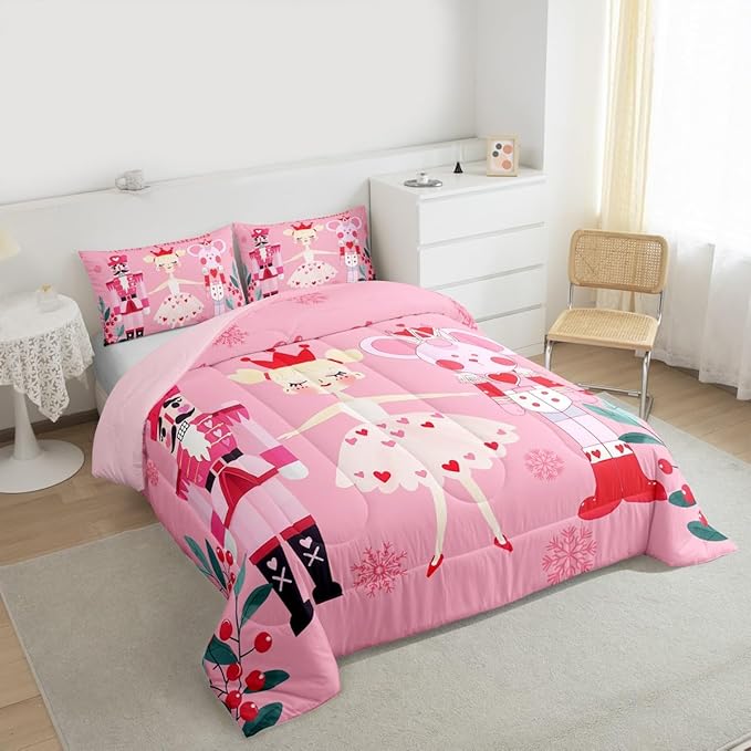 Feelyou Pink Christmas Comforter Set All Season Nutcracker Bedding Set with 2 Pillow Cases Mouse King Microfiber Kids Queen Bedclothes Royal Guarder Ballet Princess Bedroom Decor Duvet Quilt Soft