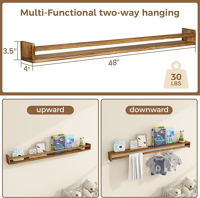 Fun Memories Nursery Book Shelves - Rustic Natural Solid Wood Floating Bookshelf for Kids - Wall Book Shelves for Kids Room (Carbonized, 48inch - 2P)