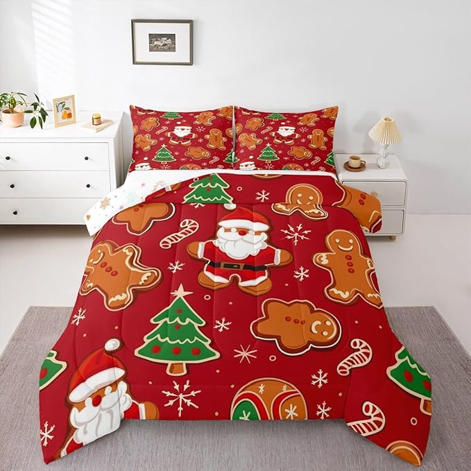 Feelyou Christmas Kids Comforter Set King Size Santa Bedding Set Gingerbread Man Duvet Quilt for Kids Boys Girls Bedroom Xmas Tree Snowflake Decor Microfiber Ultra Soft Breathable