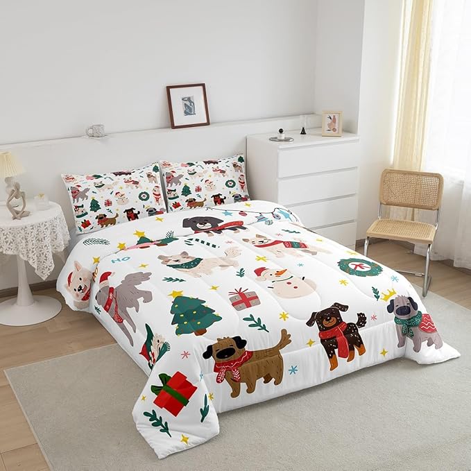 Erosebridal Merry Christmas Quilt Full Size Cartoon Dog Comforter Set for Teens Kids Boys Xmas Tree Snowman Bedding Set Cute Pug Puppy Animal Duvet Insert with 2 Pillow Cases