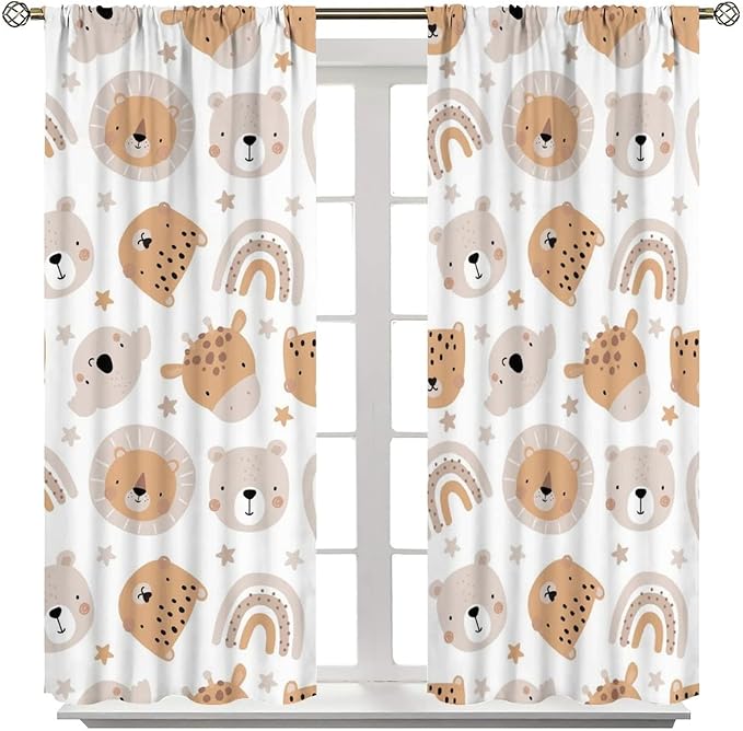 Cartoon Boho Animal Curtains,Funny Forest Safari Print,Cute African Wildlife Koala Giraffe Lion Leopard Bear Rainbow Blackout Window Drapes for Boys Girls Kids Baby Child Bedroom 52x84in