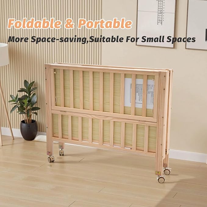 Folding Wood Bedside Bassinet - Portable 4-in-1 Baby Bassinet with Breathable Mattress,3 Heights Baby Crib with Wheels,Mini Crib for Infant Newborn and Small Space,Unpainted