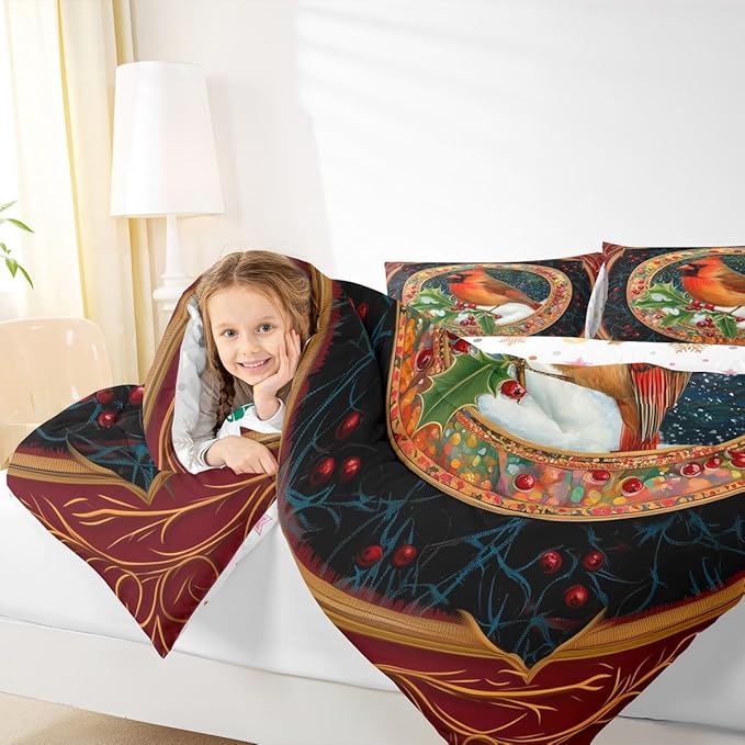 Feelyou Merry Christmas Comforter Set King Size Robin Bird Bedding Set for Kids Boys Girls Snowflake Duvet Quilt Winter Bedroom Decor Microfiber 3 Pcs with 2 Pillow Cases