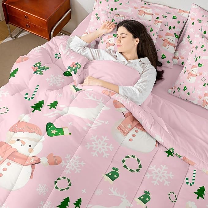 Feelyou Pink Christmas Comforter Set Queen Size 7 Pieces Cartoon Deer Snowman Bedding Set for Kids Boys Girls New Year Pink Bed in a Bag Reversible Xmas Decor Bedroom Quilted Breathable Soft
