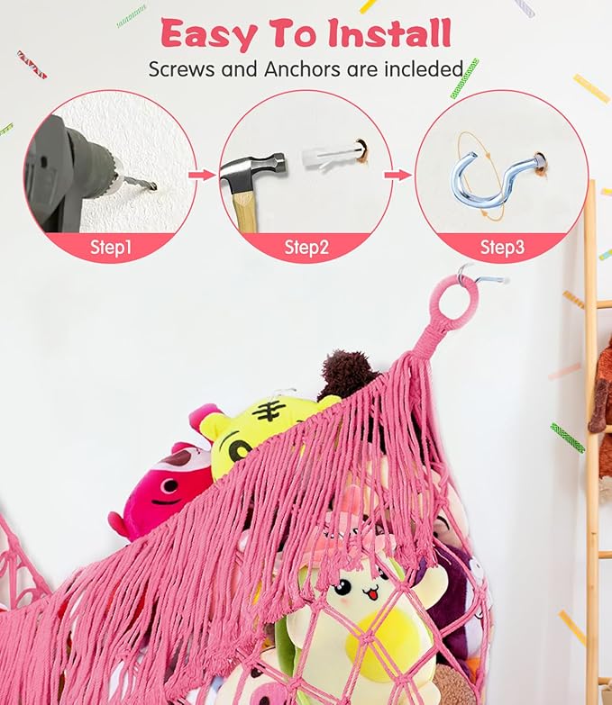 Stuffed Animal Hammock - Extra Large 63'' Long, Stuffed Animal Storage, stuffed animal Holder net, Toy Hammock Large, Toy Storage Hanging Organizer - Pink