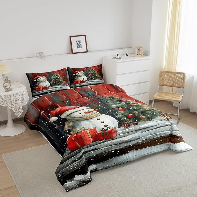 Merry Christmas Comforter Set Twin Size,Snowman Christmas Tree Bedding Set for Kids Boys Girls Room Decor,Snowflake Winter Theme Quilt Set 2Pcs,Retro Rustic Barn Stripes Duvet Insert,1 Pillowcase