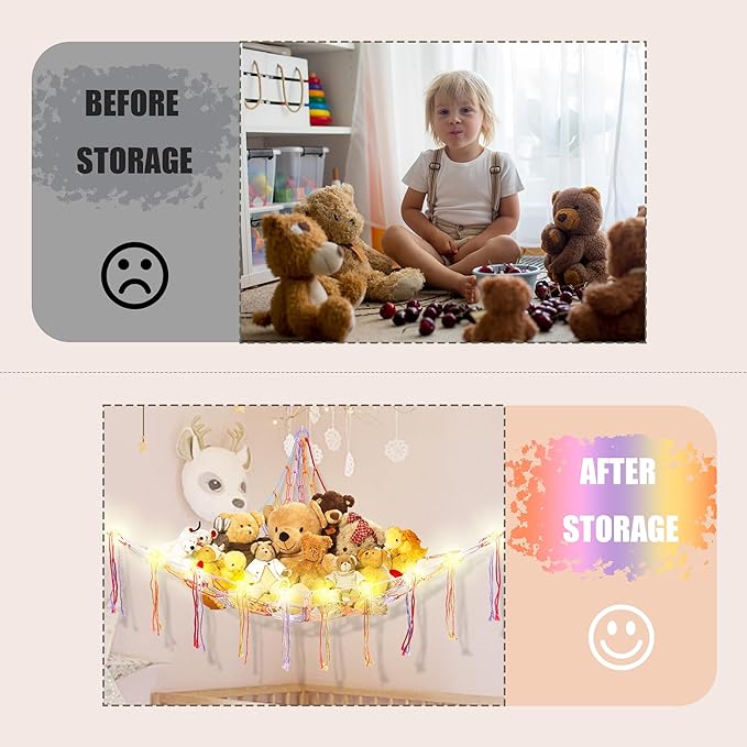Stuffed Animal Hammock with LED Light, Large Stuffed Animals Storage Corner Plushie Net for Kids Room Decor, 2 Packs Rainbow