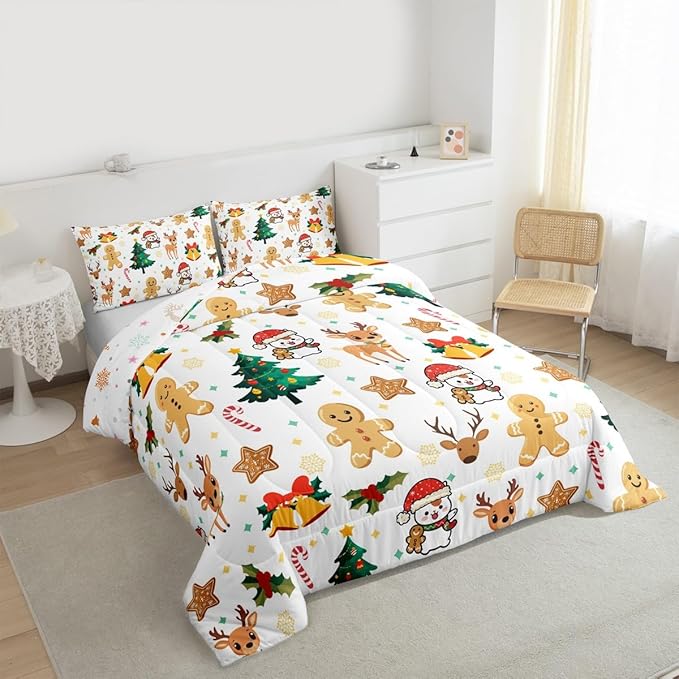 Feelyou Merry Christmas Comforter Set All Season Gingerbread Man Bedding Set with 2 Pillow Cases Cute Deer Microfiber Kids King Bedclothes Christmas Tree Duvet Quilt Breathable Soft Lightweight