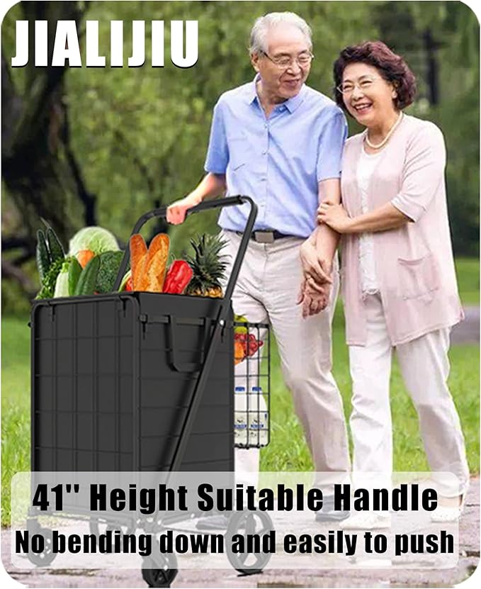 Heavy Duty Folding Shopping Cart for Groceries, Jumbo Grocery Carts with 360° Swivel Wheels, Waterproof Bag, Portable Utility Trolley for Daily, Laundry, Holds Up to 320 LBS