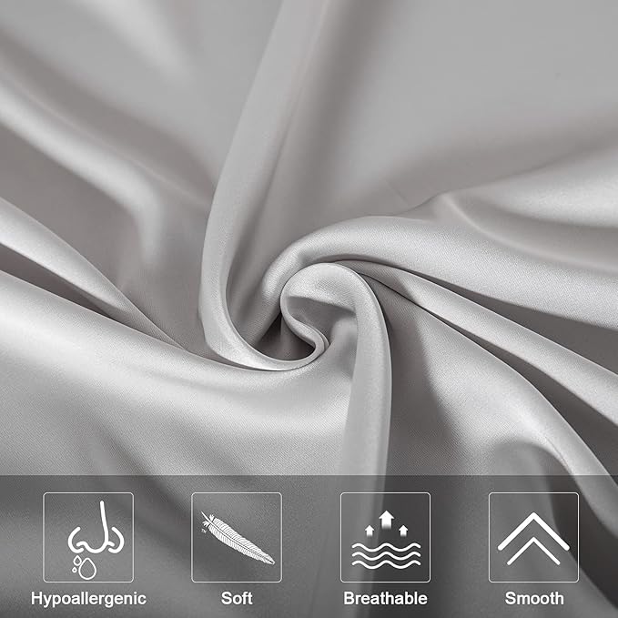 SIYUAN Silk Light Gray Pillowcase, Standard Size, Temperature Regulator, Beauty Anti-Aging, Hidden Zipper