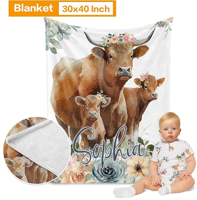 Custom Crib Bedding Set - Highland Cow Design Personalized Name Baby Nursery Bedding 3 Pcs Set - Chic Soft Blanket, Sheet, Pillowcase for Newborns Boys Girls Gifts Color26