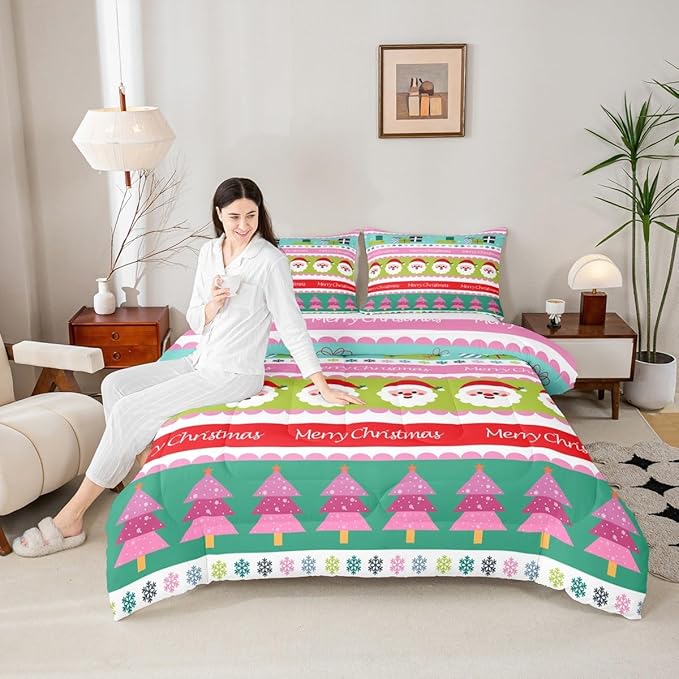 Feelyou Merry Christmas Comforter Set Toddler Size Santa Claus Bedding Set for Kids Boys Girls Xmas Tree Snowflake Duvet Quilt Striped Bedroom Decor Microfiber 2 Pcs with 1 Pillow Cases