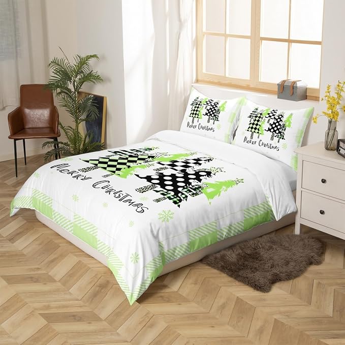 Manfei Xmas Trees Duvet Cover Set Twin Size, Green Plaid Grid Snowflake Bedding Set for Kids Girls Bedroom Decor, Christmas Theme Comforter Cover New Year Quilt Cover with 1 Pillowcase, No Comforter