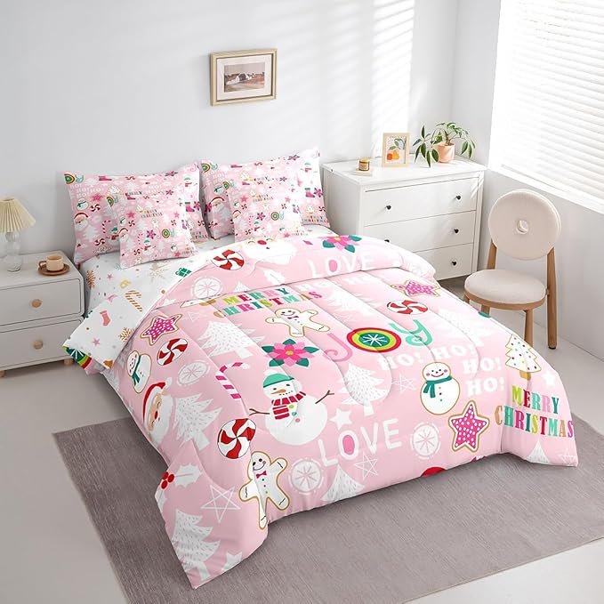 Christmas Kids Bedding Set Cartoon Snowman Gingerbread Man Comforter Set with Sheets for Boys Girls Christmas Tree Decor Bed in a Bag Pink Xmas Theme Bed Set 7Pcs King Size
