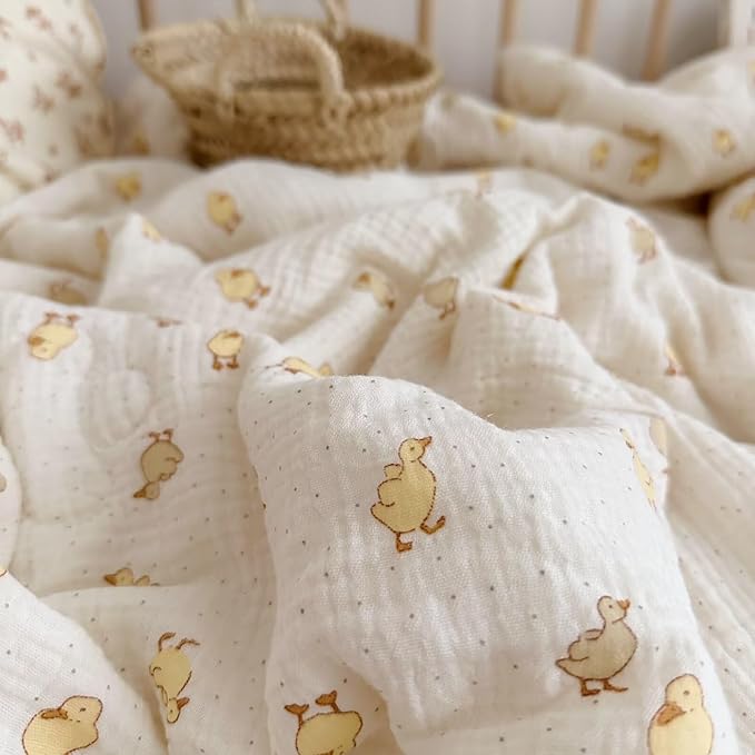 BuLuTu Baby Toddler Muslin Blanket| Crib Baby Quilts| Cot Comforter| Nursery Bed Throw Blanket| Toddler Quilt Blanket | Soft Breathable | Super Cute Duck Pattern| 60x78 Inch,2.5 Pounds