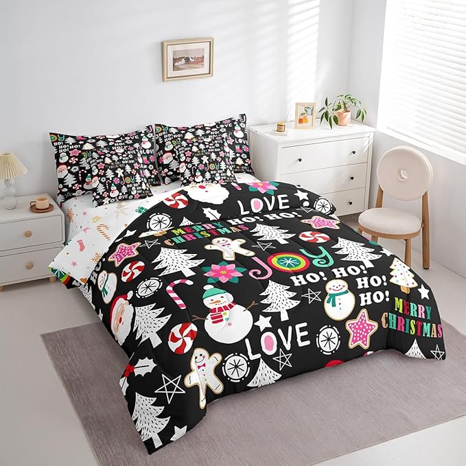 Christmas Kids Bedding Set Cartoon Snowman Gingerbread Man Comforter Set with Sheets for Boys Girls Christmas Tree Decor Bed in a Bag Pink Xmas Theme Black Bed Set 7Pcs Full Size