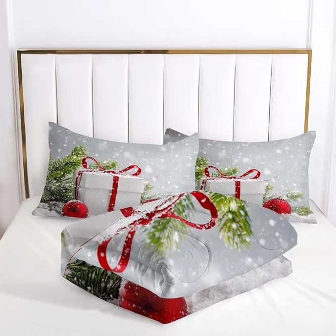 kxry Christmas Comforter Set Snow Scene Evergreen Bough Bedding Full Size for Girls Boys Kids Gift Box Red Balls Quilt Duvet 1 Comforter + 2 Pillow Cases