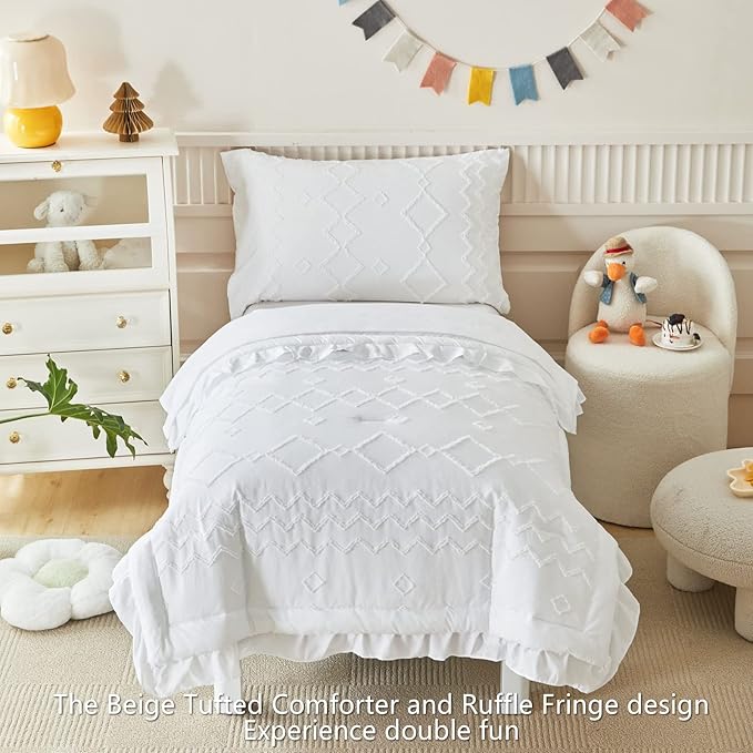 AIKASY Toddler Bedding Set 4 Pieces Super Soft Comforter Set, Shabby Boho Bohemian Design for Boys and Girls（Ruffle Fringe Comforter, Flat Sheet, Fitted Sheet and Pillowcase）- White