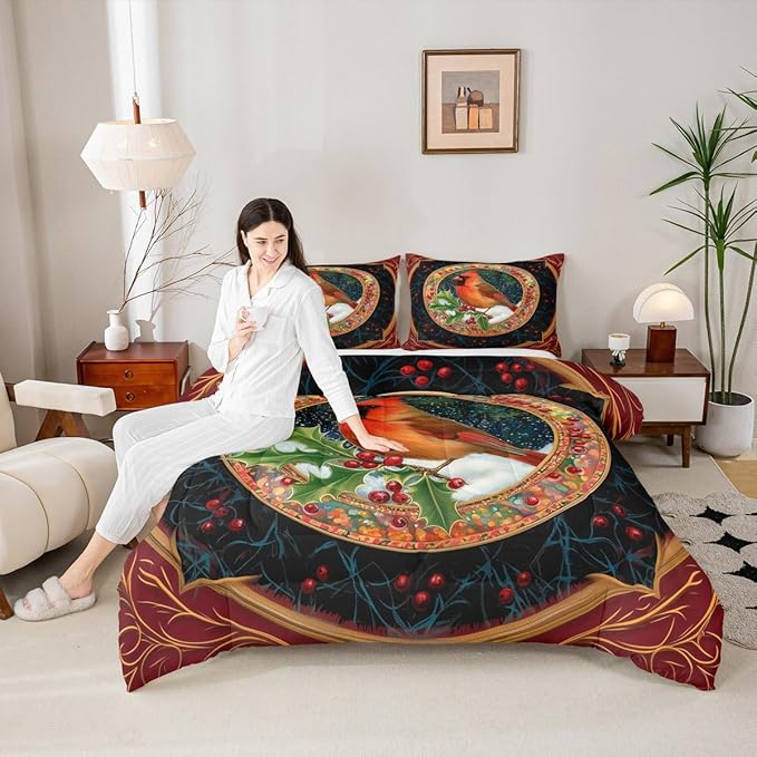 Feelyou Merry Christmas Comforter Set Twin Size Robin Bird Bedding Set for Kids Boys Girls Snowflake Duvet Quilt Winter Bedroom Decor Microfiber 2 Pcs with 1 Pillow Cases