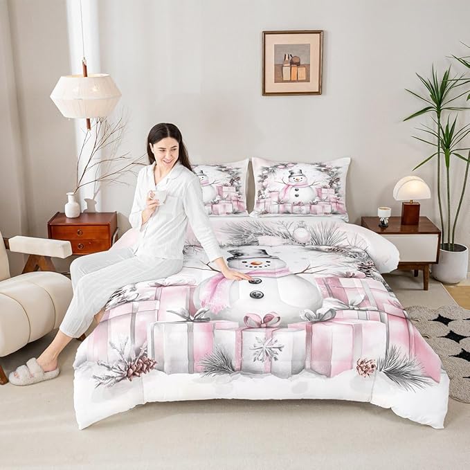 Feelyou Merry Christmas Comforter Set All Season Cute Snowman Bedding Set with 2 Pillow Cases Microfiber Kids King Bedclothes Snowflake Bedroom Decor Duvet Quilt Breathable Soft