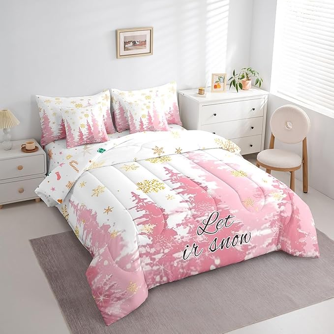 Feelyou Christmas Tree Bed Set for Children Kids Boys Girls Luxury Chic Xmas Theme Bed in a Bag Glitter Snowflake Comforter Set with Sheets Pink Room Decor Bedding Set King Size