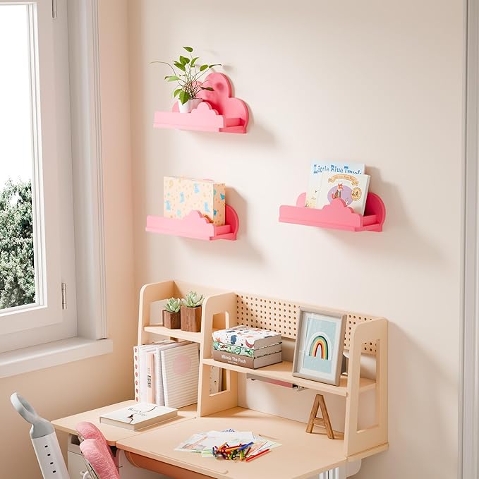 Cloud Shelves for Kid’s Room Nursery Wall Deor Set of 3, Pink Cloud Bookshelf, Small Figure Shelf Wall Mounted, Cute Decorative Solid Wood Floating Shelves for Toys, Plants & Storage