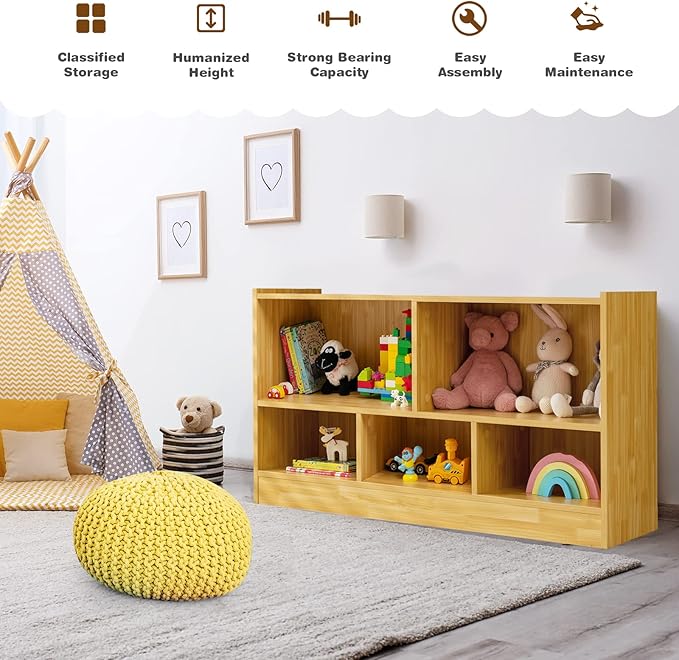 Costzon Toy Storage Organizer for Kids, 5-Section School Classroom Storage for Organizing Books Toys, Wooden Kids Bookshelf Daycare Furniture for Preschool, Playroom, Nursery, Kindergarten (Burlywood)